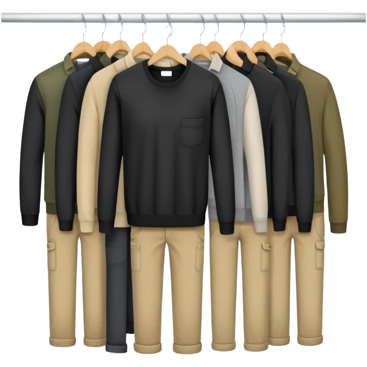 Open wardrobe filled with practical work clothes - black shirts, overalls, khaki pants, and sweaters emoji