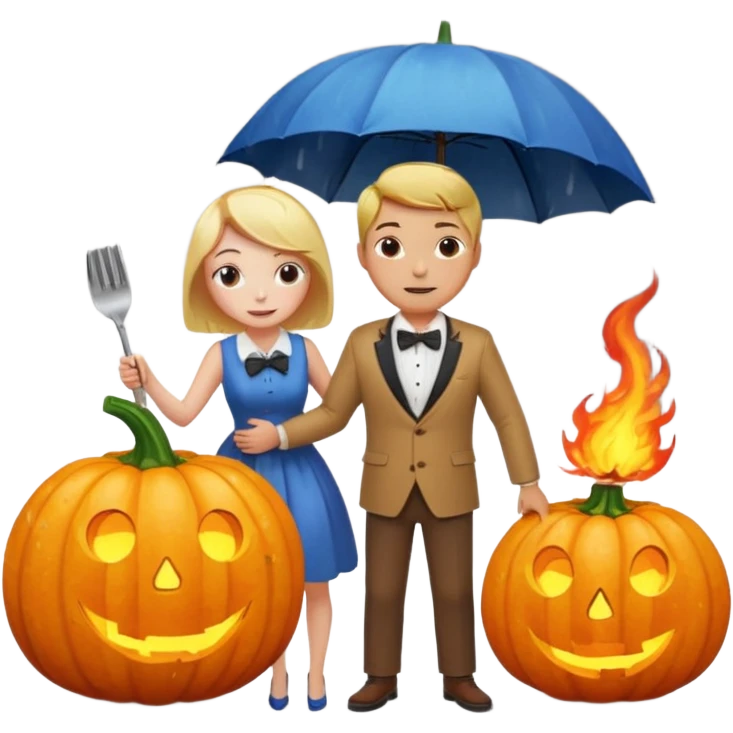 Make a guy hugging a giant pumpkin with a fork in his right hand while there's fire while there's a lady watching while it's raining while there's an umbrella on the ground that's alive and the sun has a bow tie on his neck emoji