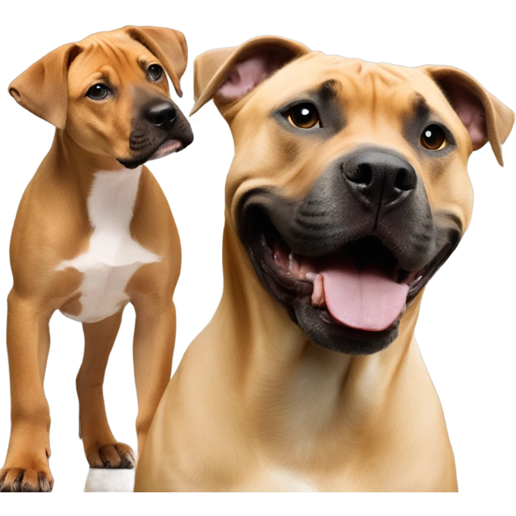 Black mouth cur puppy next to black and white smiling pit bull emoji