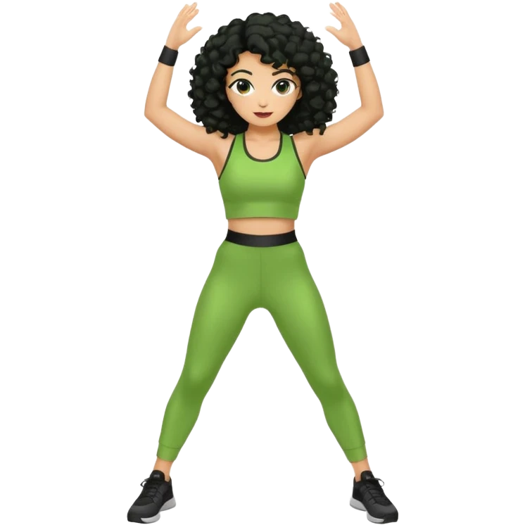 woman with olive skin and curly black hair wearing a green workout outfit and standing in a disco pose emoji