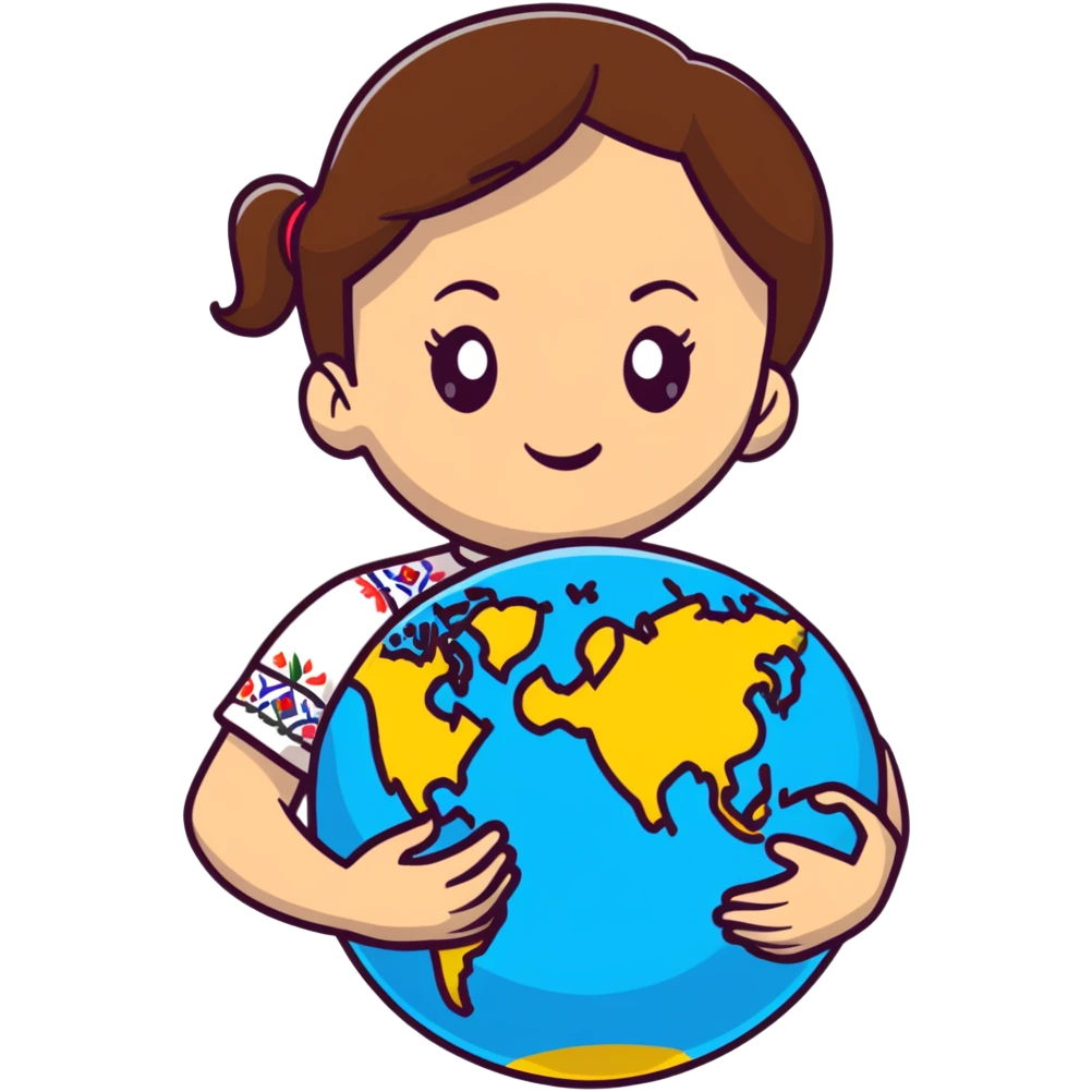 Beautiful young girl with brown hair wearing a white Ukrainian embroidered shirt holding a globe in her hand emoji