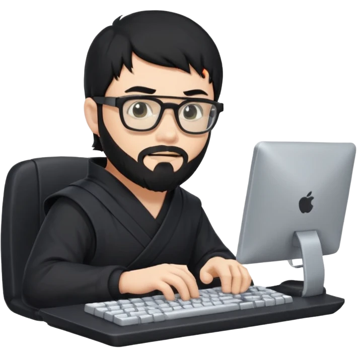 Man with black hair and beard wearing glasses in a ninja costume typing on a computer keyboard emoji