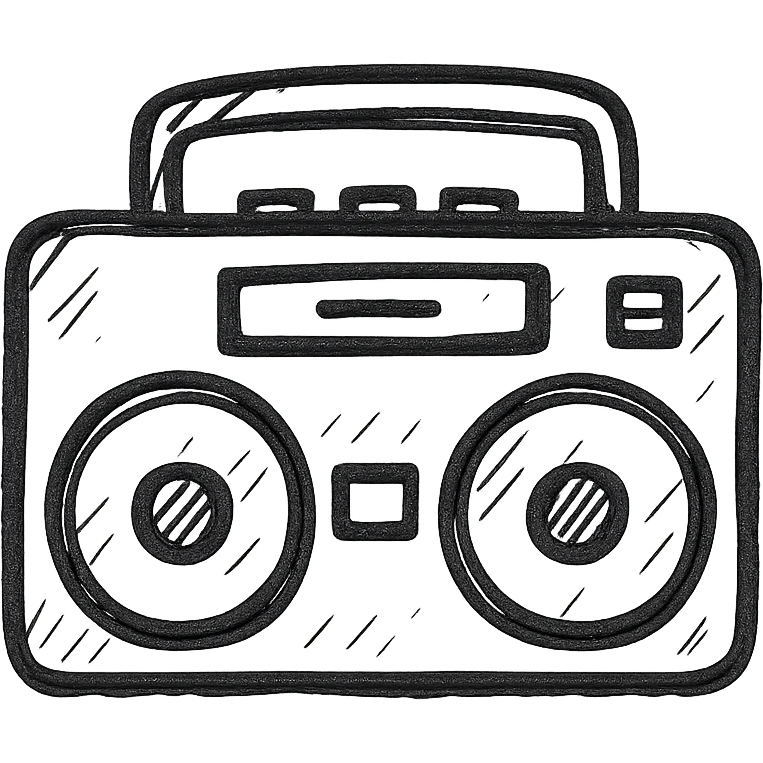 Boombox icon, hand drawn, black outlines, no fill, simple and clean, top view emoji