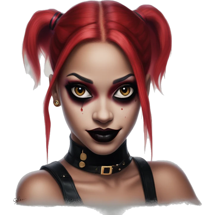 Mario Rihanna in Harley Quinn style, oil paint, mysterious eyes, intricate lips, masterpiece portrait, odd perspective, beautiful, desirable, logical emoji