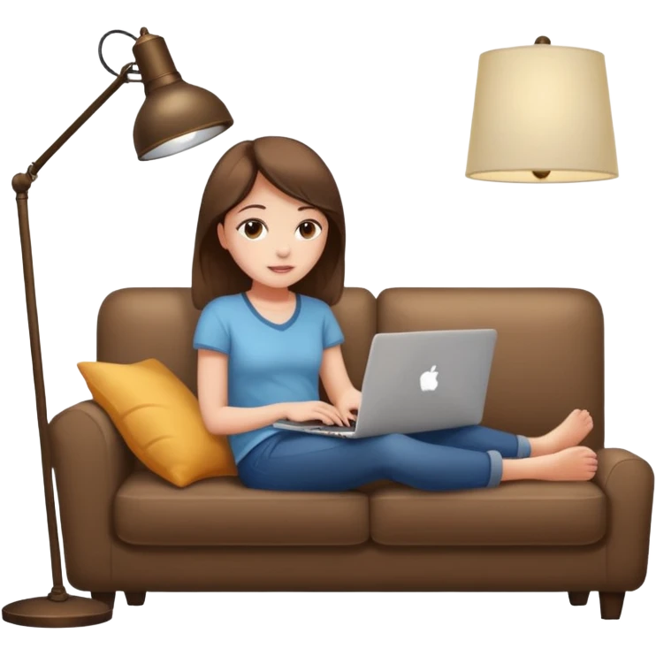 A girl is working with a laptop while lying on a sofa, with a floor lamp to the right. emoji