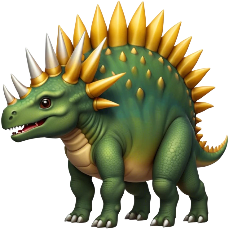 Cinematic Noble Stegosaurus Portrait Emoji, Poised and dignified, with a sturdy, low-slung body adorned by a distinctive row of bony plates along its back and a spiked tail, a small, determined head with observant eyes, Simplified yet sharply defined features, highly detailed, glowing with a soft, earthy radiance, high shine, intelligent and resolute, stylized with an air of ancient armored majesty, focused and alert, soft glowing outline, capturing the essence of a watchful and confident Stegosaurus that appears ready to lumber out of the screen with effortless authority! emoji