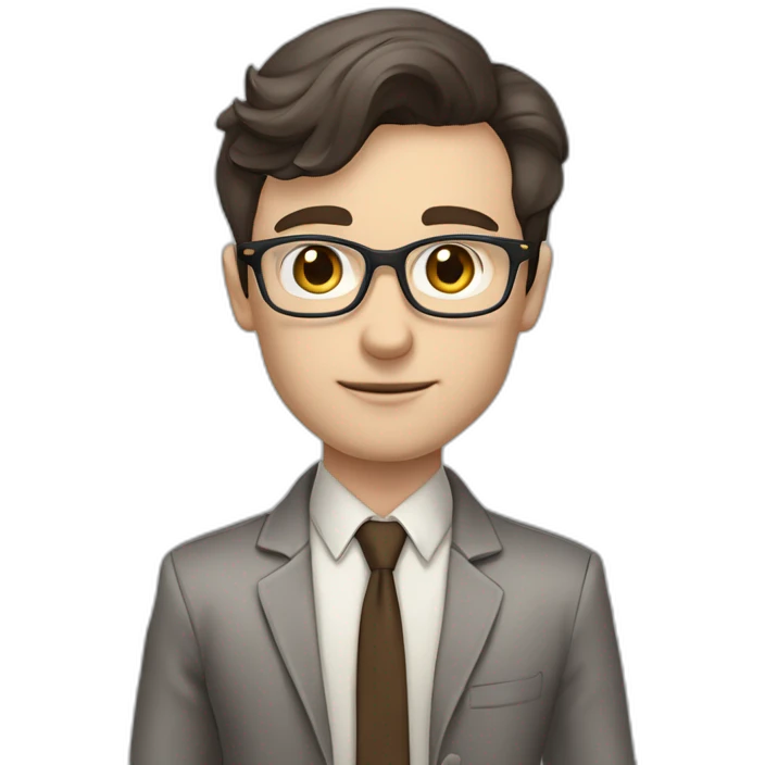 Pale skinned fit man with dark brown hair in gray jacket, beige office shirt, brown tie, brown pants and vintage glasses Writing on the flipchart emoji