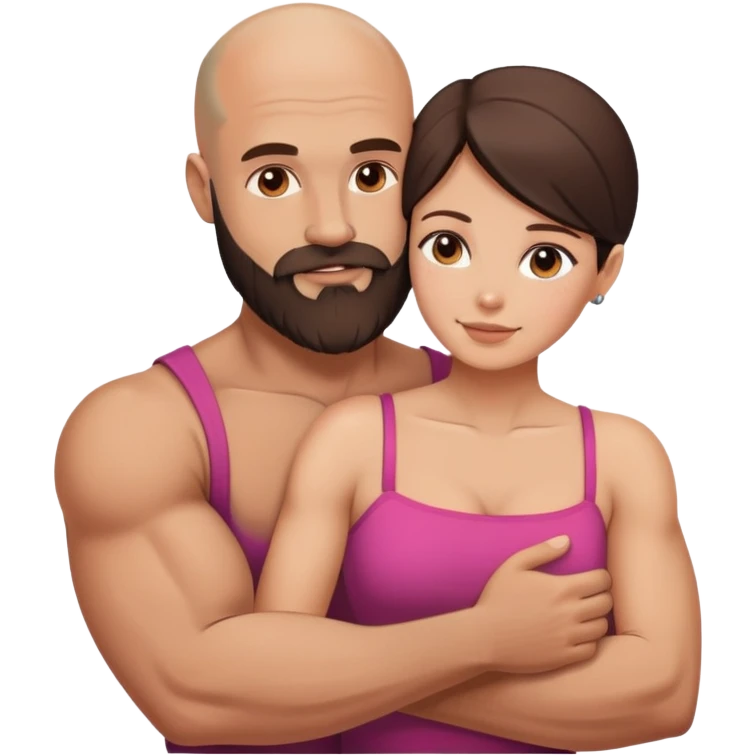 Muscular Bald man with a beard embracing his young beautiful brunette wife emoji