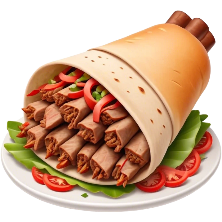 Cinematic Realistic Doner Kebab Dish Emoji, showcasing succulent, spiced meat shaved from a rotating spit rendered with lifelike detail and dynamic, appetizing lighting. emoji
