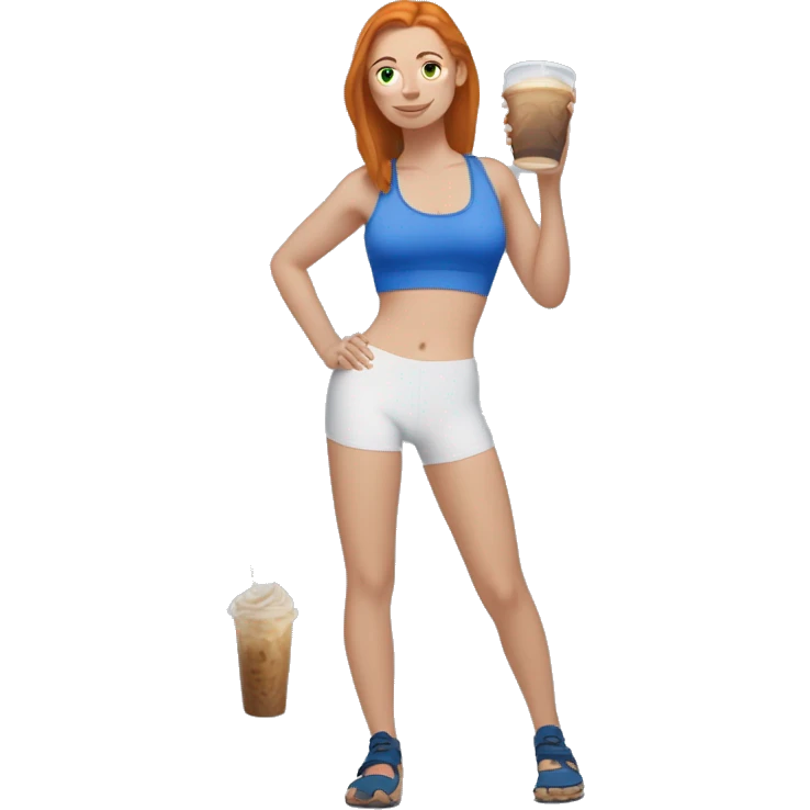 Ginger straight haired white girl in blue sports bra and leggings and birkenstocks drinking iced coffee emoji