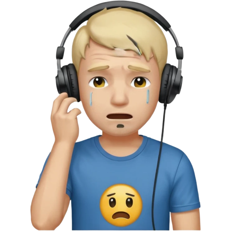 Male, crying, wearing headphone having mic, t-shirt 
 emoji