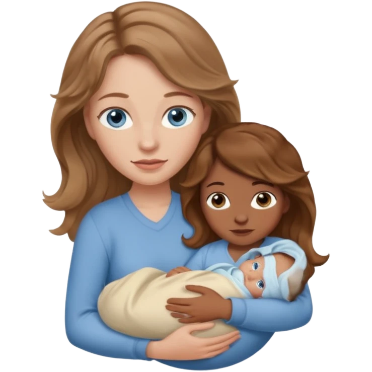 Caucasian Woman with blue eyes and light brown wavy hair carrying brown skinned newborn emoji