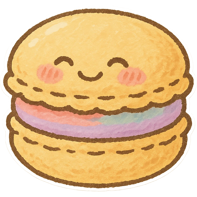 colorful macaron, Japanese pastel hand-drawn sticker style, full object, transparent background, with blushing cheeks emoji