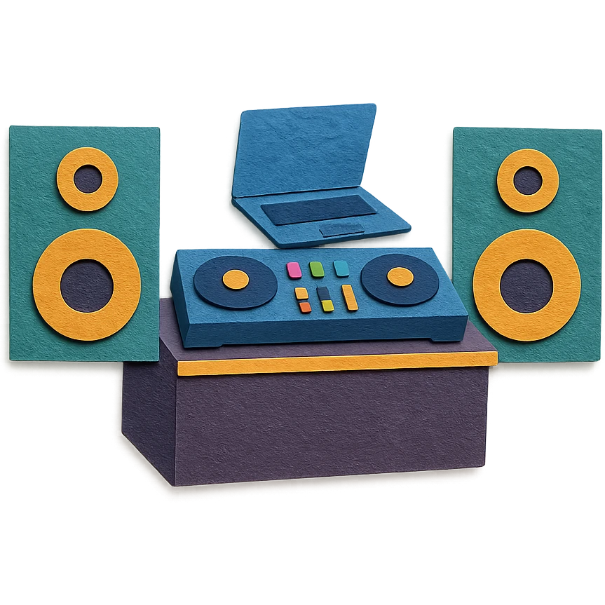 DJ table with laptop, mixer, and two large speakers, vibrant paper textures emoji
