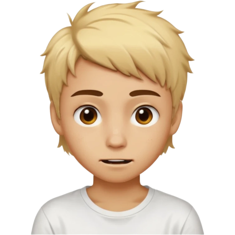 caramel skin color. Teen age. Short buzz, messy blonde hair, dark brown bushy eyebrows large expressive golden-brown eyes, brown skin color, scar over nose, wearing a plain white t-shirt. Awkward smirk with visible teeth. emoji