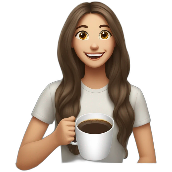 white young brunet woman with long flat hair with face visible huge smile and eyes wide open holding a cup of coffee the same size of her head emoji