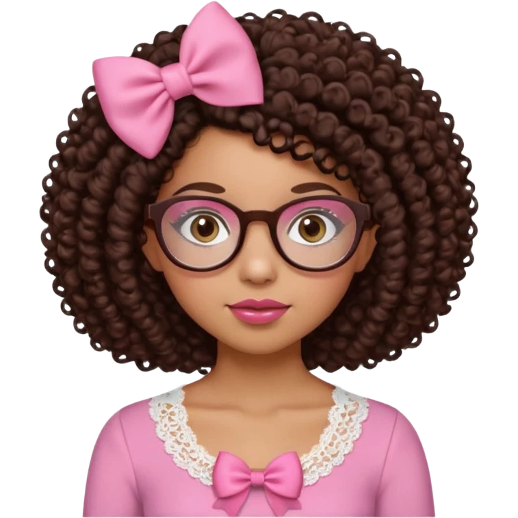 medium-light kinned afro-latina girl with medium length chocolate brown side part curly hair, small pink bow , with brown glasses, brown eyes, pink and white sweetheart necklined top with lace, round wide-ish nose, ob-long face emoji