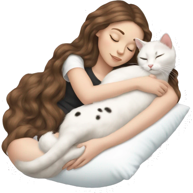 White girl brown hair sleeping with white kitty with black spots emoji