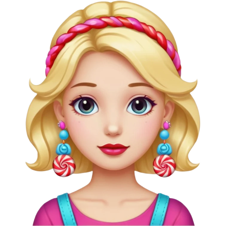 girl with a lot of accessories and earrings made out of candy emoji