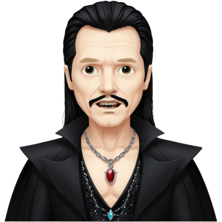 Gary Oldman as Dracula with long black hair, black sequin outfit, shirtless with necklace emoji