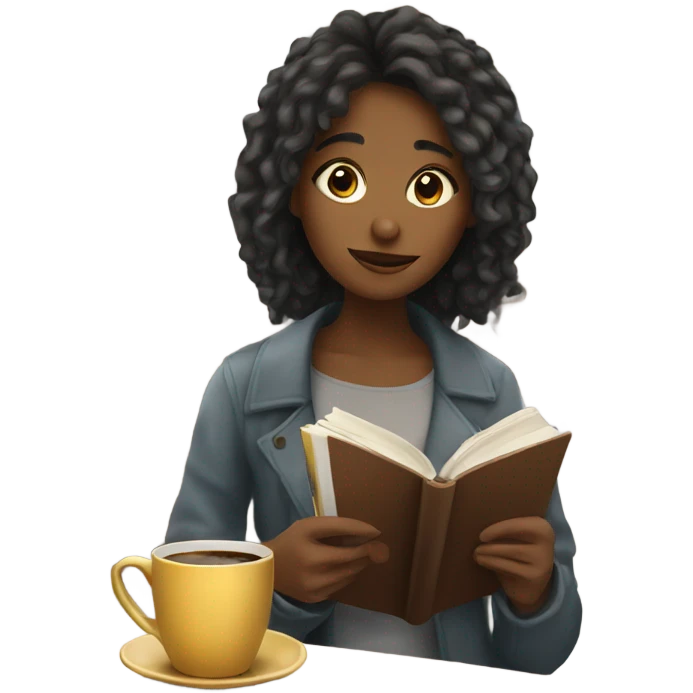 A girl in a cafe holding a book and coffee emoji