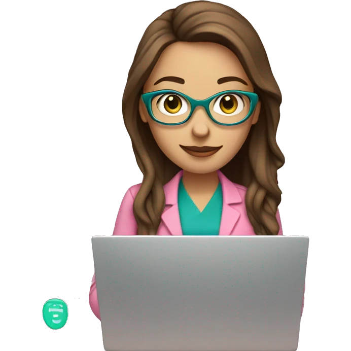 Female coding teacher featuring a laptop. She has long brunette hair, green eyes, fair skin, teal eye glasses and a pink feminine shirt emoji