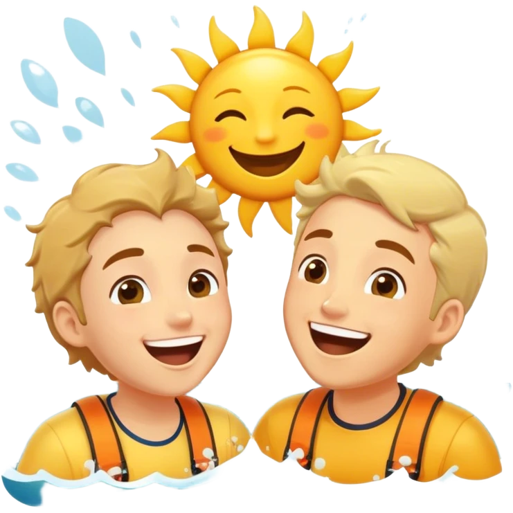 Two friends, as seafaring explorers, splash each other in the ocean, laughing as their eyes lock in pure joy and appreciation. The sun glistens on the water, highlighting their deep connection and the simple happiness of the moment.  emoji