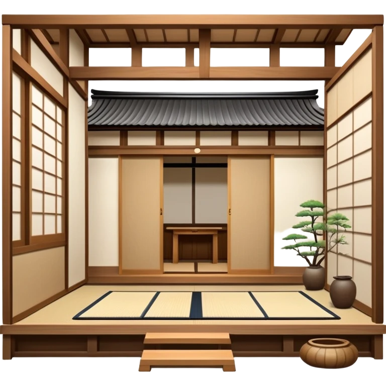 Traditional Japanese house with wooden structure, sliding shoji doors, tatami mats emoji