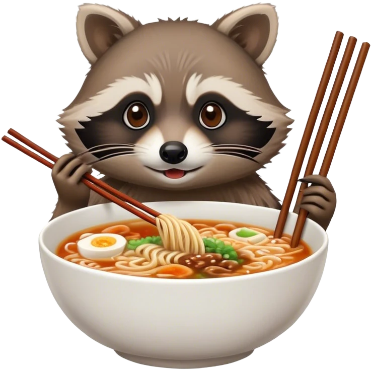 an anime inspired racoon eating ramen with chopsticks emoji