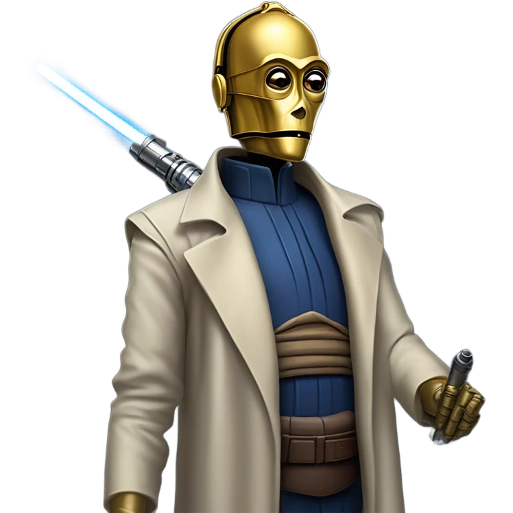 tarnished undercover tough well-equipped Jedi  life-sized darkblue-pearl C3po leather vest clothing pants and vest old west duster coat holding light saber sheriff emoji