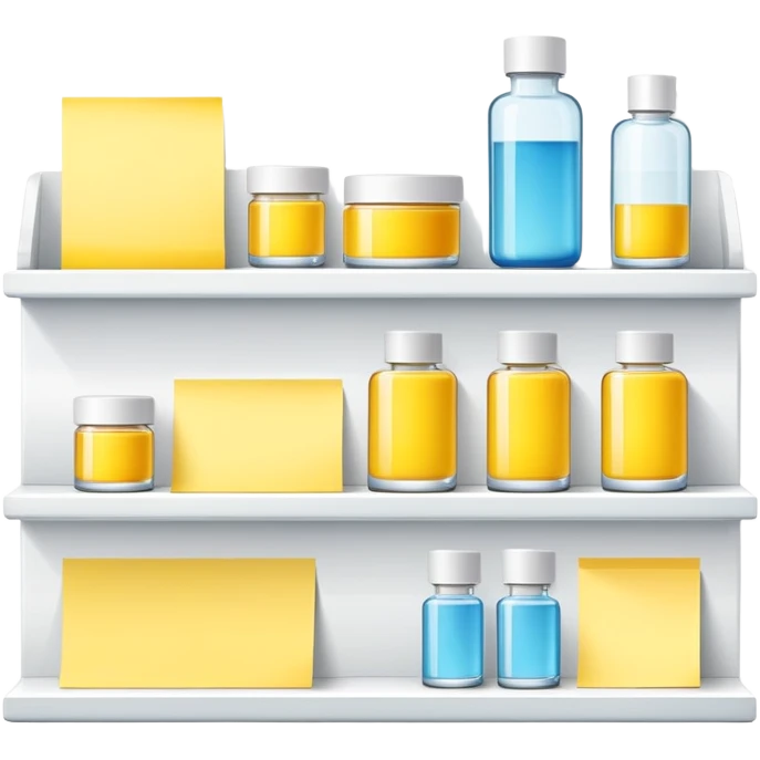 big long white shelf with luxury brand serum and big sticky note emoji