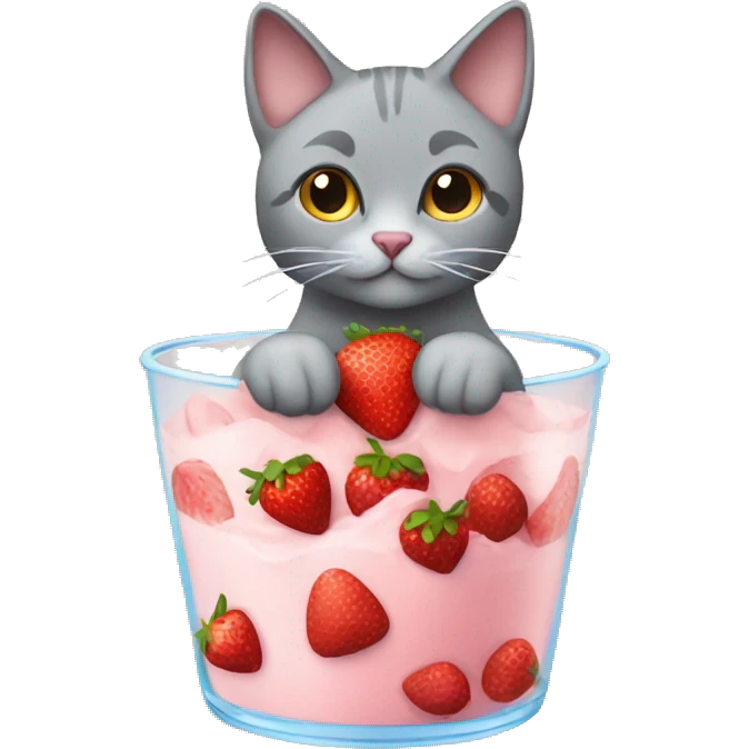 Grey cat in a parfait with strawberries emoji