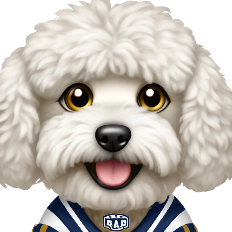 White fluffy maltipoo wearing LA Rams football uniform emoji