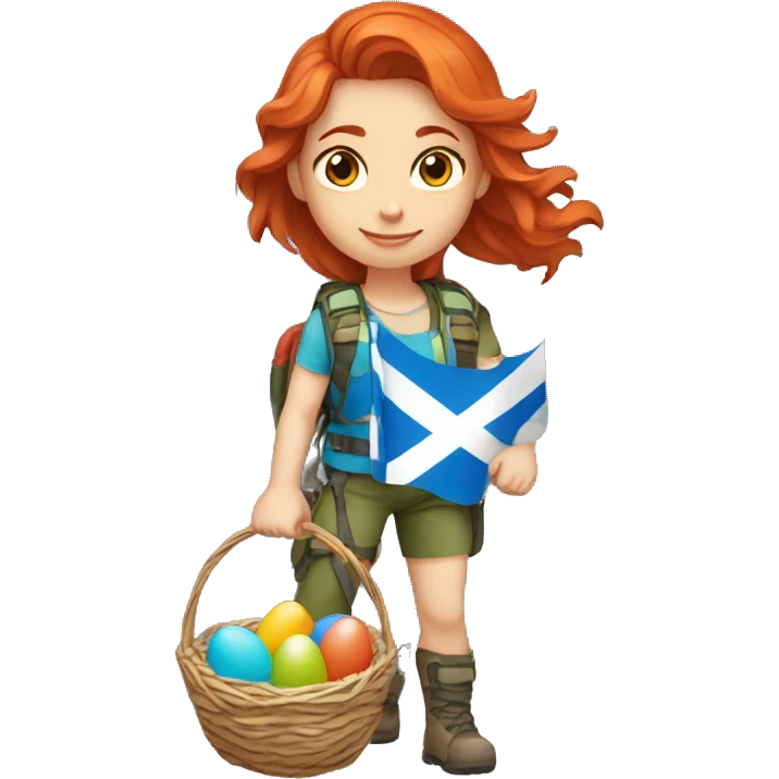 Female mountain climber red hair with Greek flag and holding Easter eggs basket emoji