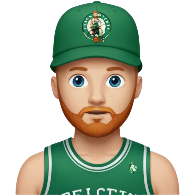 Bald white man with ginger beard and blue eyes in Jason Tatum Boston Celtics jersey over tshirt with Boston Celtics basketball logo on cap emoji