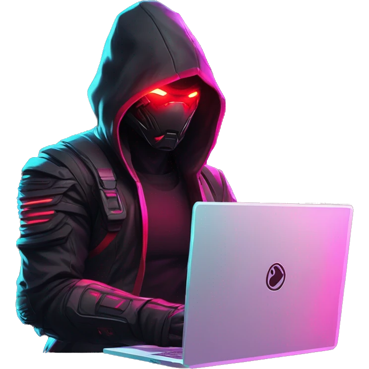 developer behind his laptop with this style : crysis Cyberpunk Riot Games Valorant neon glowing bright red character red dark black hooded assassin themed character emoji