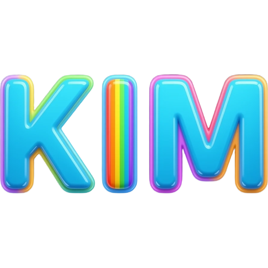 name "kim" in neon blue, 3D style typography lettering, each color of the rainbow as a border outlined around each letter, isolated, 3d rendering, no emoji icons no emoji faces and must have no human figures emoji