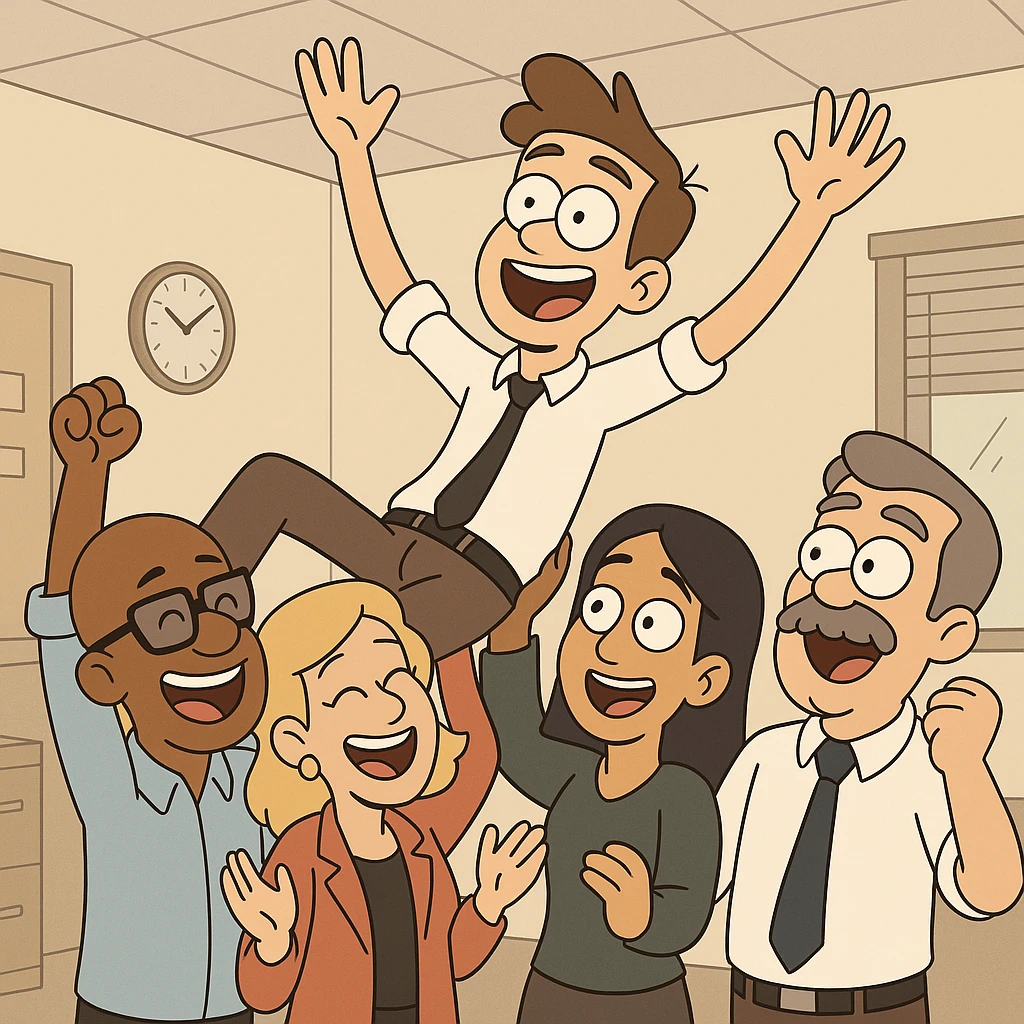 cartoon illustration of a young office worker in a shirt and tie, held up by a diverse group of colleagues, all smiling and cheering, office celebration emoji