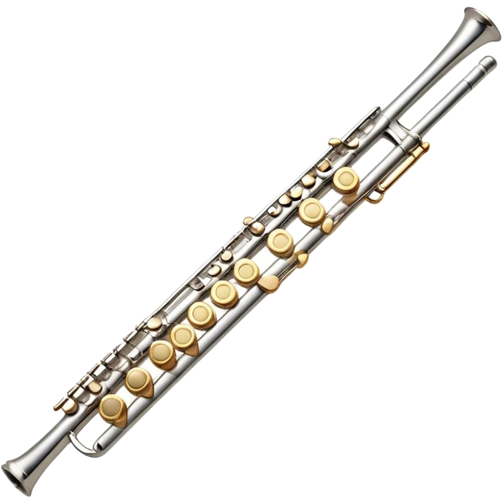 Cinematic Realistic Flute, polished silver metal with precise keywork, warm golden reflections dancing along its surface, soft hands carefully positioned over the keys, glowing with an elegant and airy charm. emoji