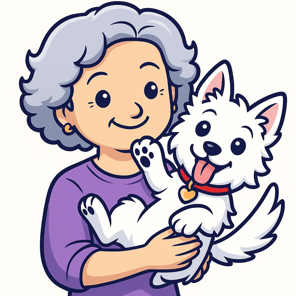 Make the Westie dog playful, with a fun pose or playful expression, keep the 50-year-old lady with silver curly hair smiling (originally sticker style) emoji