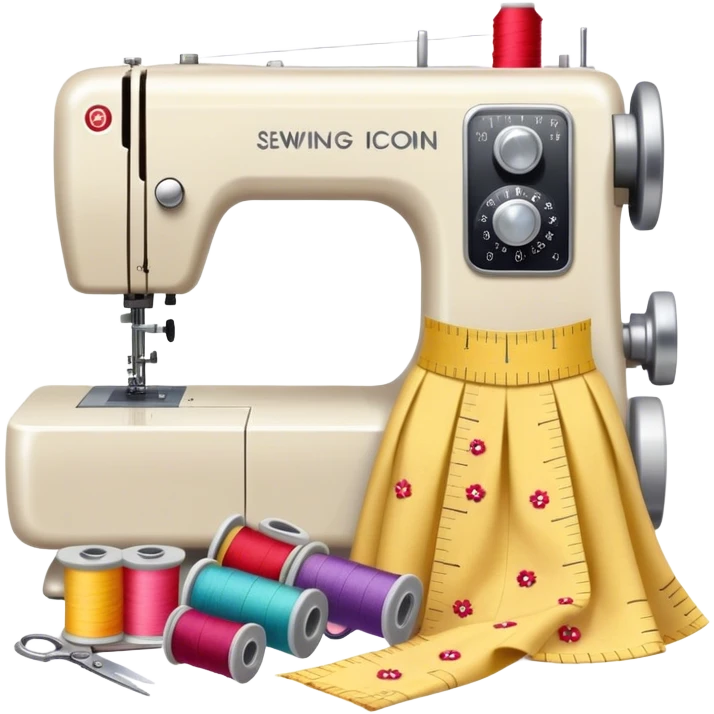 Sewing icon, measuring tape, pins, scissors, and a dress in progress, sewing machine with thread, visible needle, spools of thread, fabric pieces cut according to patterns, minimalistic style, clean lines, transparent background. emoji