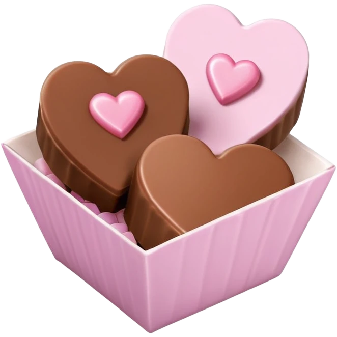 Two square milk chocolate 2 pralines only, Each praline is a sharp-edged cube with smooth glossy chocolate coating, placed in a small white fluted paper candy cup. On top of each cube is a flat pastel pink heart-shaped icing, thin and smooth, slightly translucent, with fine sugar crystal sparkle. emoji