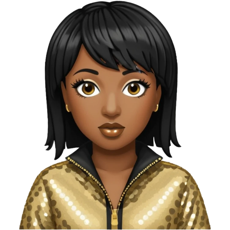 Missy Elliott with black hair, black sequin jumpsuit emoji