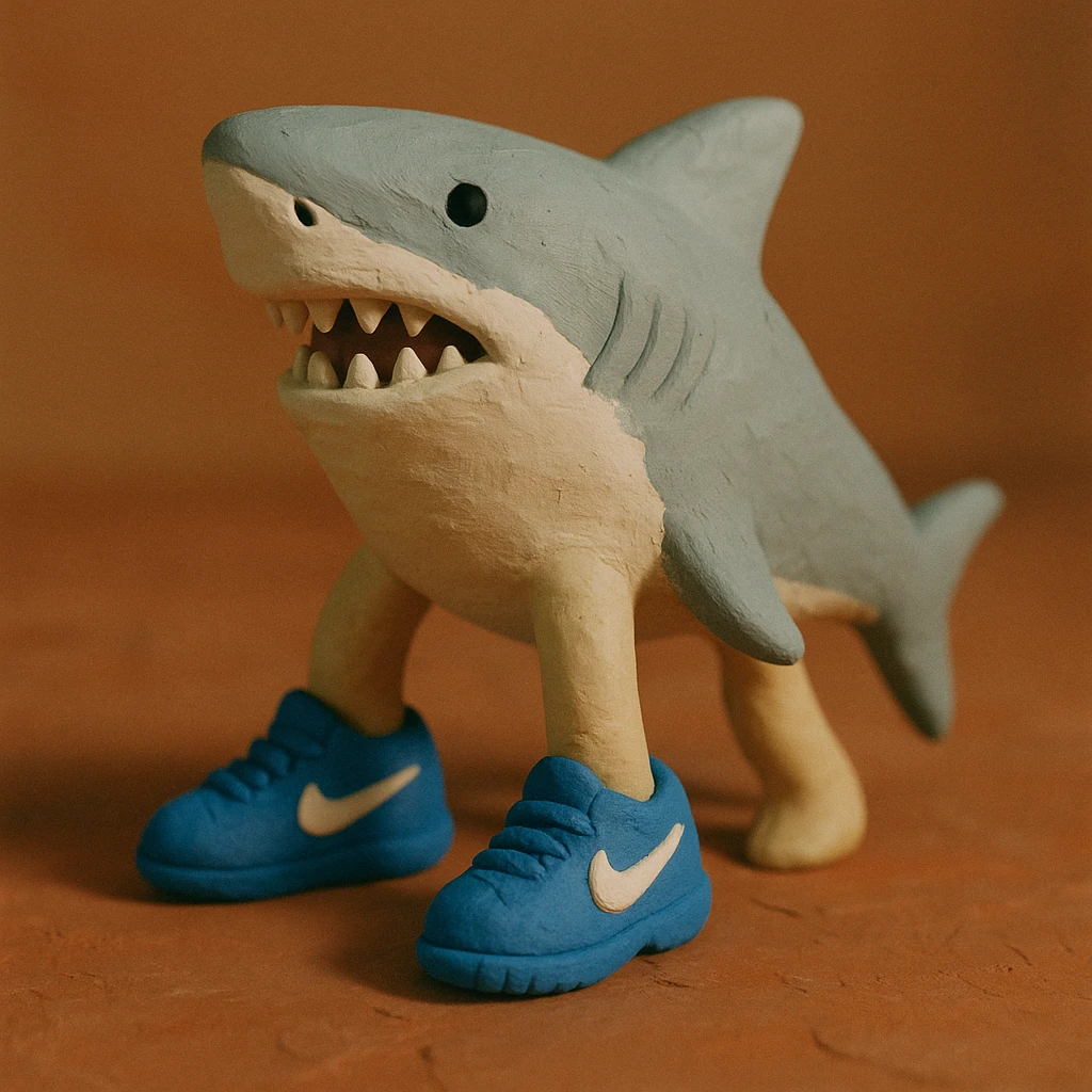 Tralalero Tralala, an Italian Brainrot character: a great white shark with three legs, wearing blue Nike shoes, claymation style emoji