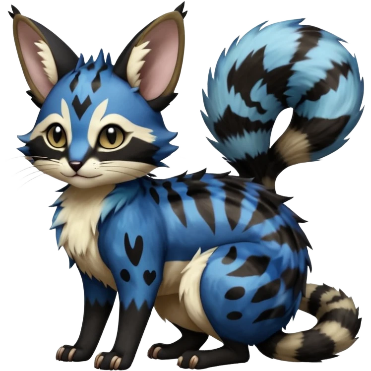  ink-black fur laced with oil-slick bronze and abyssal cobalt runes fur with random dark markings beautiful elegant pretty precious cute  Fakémon-Pokémon-opossum-feline-serval-caracal-chinchilla-Furret-Minccino-hybrid-creature with a big fluffy bushy tail (full body) emoji