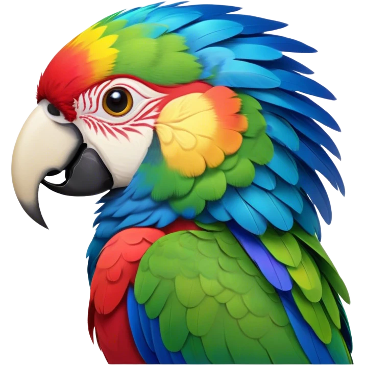 Cinematic Noble Macaw Portrait Emoji, Poised and regal, with vibrant, iridescent feathers in a spectrum of brilliant colors and sharp, intelligent eyes, Simplified yet sharp and sophisticated features, highly detailed, glowing with a soft, tropical radiance, high shine, majestic and graceful, stylized with an air of exotic elegance, focused and alert, soft glowing outline, capturing the essence of a watchful and confident avian guardian that seems ready to soar out of the screen with effortless authority! emoji