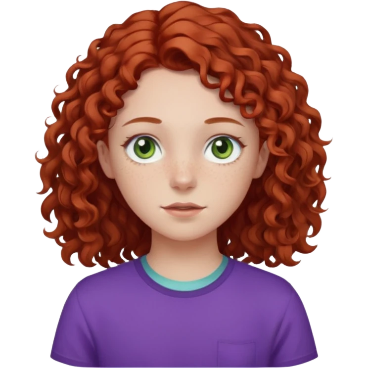 pale white teen girl with light blueish green eyes and freckles with brownish red curly middle part hair and purple shirt emoji
