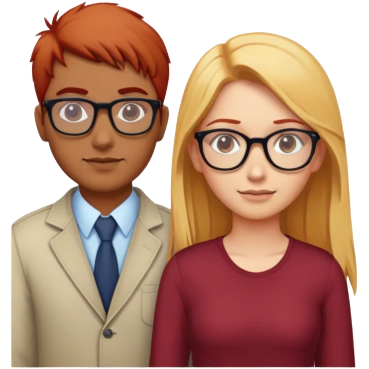 Indian man standing between a red haired girl with glasses and a blonde haired girl with glasses emoji