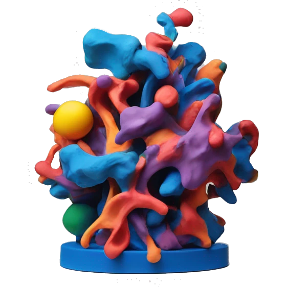 a colorful abstract sculpture made with modeling clay on top of a white plinth emoji