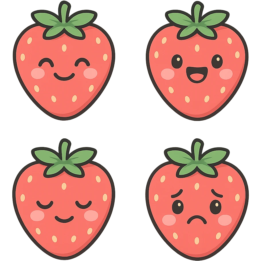A series of illustrations stawberry in a kawaii emoji style, with detailed shading and highlights, thin clean outlines, soft and rounded features. Pastel color palette using  #FF5B5B, #CE4C4C,#CE4C4CThe style is inspired by modern Japanese pop art and sticker aesthetics. Highly detailed, vector clarity, soft lighting and subtle shadows. Transparent background without background. emoji